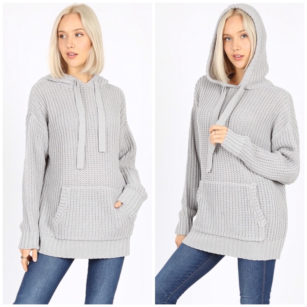 Olive Knit Hooded Sweater with Pockets - Picture 4 of 6